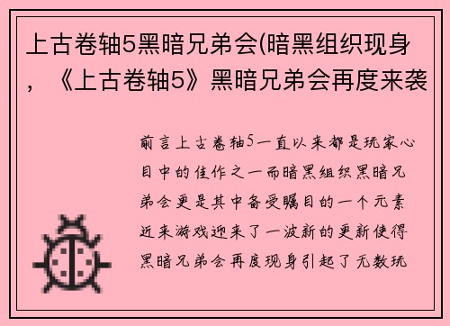 上古卷轴5黑暗兄弟会(暗黑组织现身，《上古卷轴5》黑暗兄弟会再度来袭！)