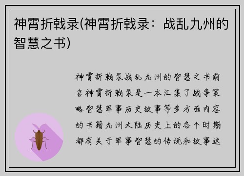 神霄折戟录(神霄折戟录：战乱九州的智慧之书)